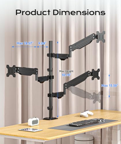 Pholiten Triple Monitor Mount, 3 Gas Spring Monitor Arms for Up to 32 inches Screens, Fully Adjustable Heavy Duty Triple Monitor Mount with Cable Management, Each Arm Holds 22 lbs - style: oversized 3 monitor mount