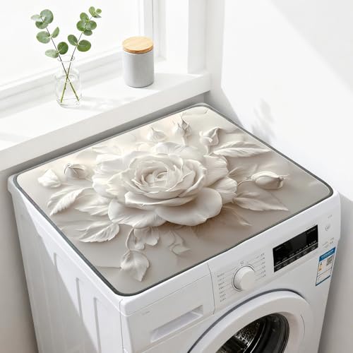 Nuxovilar White Rose Dryer Cover for the Top, Non-slip Washer & Dryer Protector, 23.62"x19.68" Dust-proof Washing Machine Mat, Diatom Mud Polyester Dryer Top Pad for Laundry Room - color: YLU00525