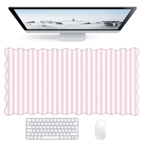 Striped Scalloped Mouse Pad,Cute Kawaii Stripes Large Desk Mat Non-Slip Rubber Base,Aesthetic Decor Gaming Computer Desk Pad for Office Laptop Mouse Keyboard Pad, XL 31.5" x 15.7", Light Pink - color: Light Pink