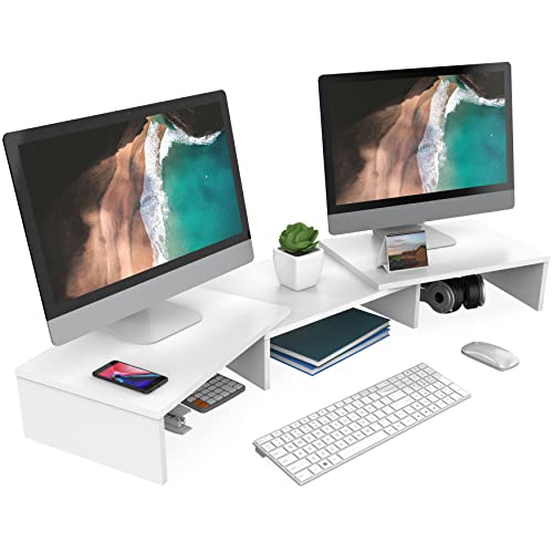 FITUEYES Dual Monitor Stand – 3 Shelf Computer Monitor Riser, Wood Desktop Stand with Adjustable Length and Angle, Desk Accessories, Office Supplies Medium White, DT108008WW - color: White