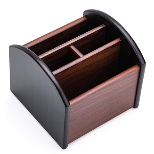 MaxGear Remote Control Holder Caddy, Wooden Desk Organizer, 4 Compartments | 360° Rotating Wooden Caddy; 4 Compartments for Remotes & Desk Supplies; Anti-Slip Base