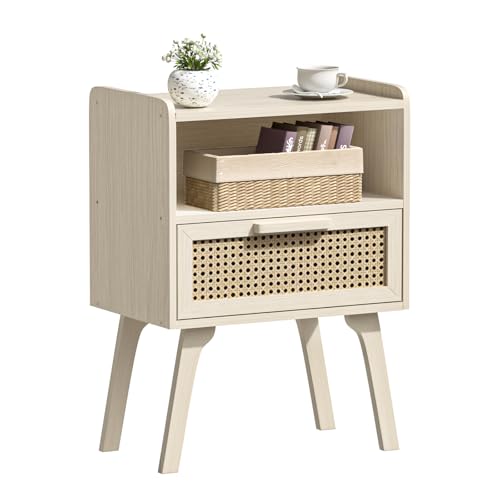 Lerliuo Rattan Nightstand, Side Table with Drawer Open Shelf, Cane Accent Bedside End Table with Solid Wood Legs, Mid Century Modern Night Stand for Bedroom, Dorm and Small Spaces (Grey White) - color: White Oak, size: 1 pack
