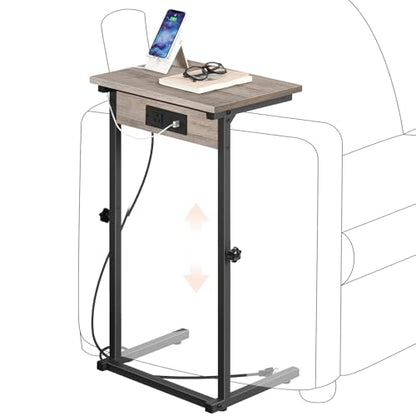 HOOBRO C-Shaped End Table with Charging Station, Adjustable Height Sofa Tray Side Table, Slide Under Couch Arm Table, Small C Side Table for Small Space in Living Room, Bedroom, Greige BG71USF01 - color: Greige + Black
