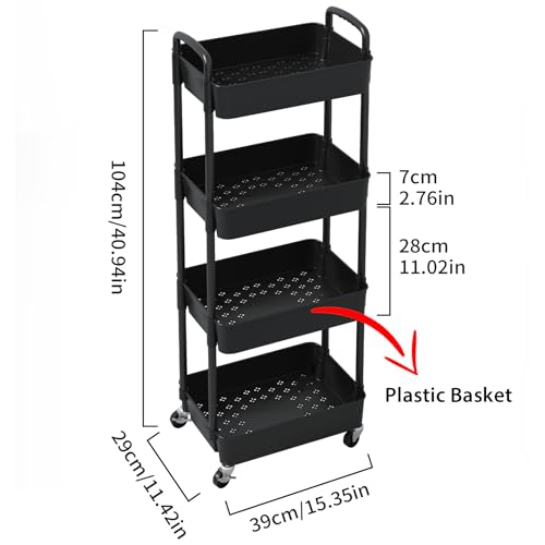 Sywhitta 4-Tier Plastic Rolling Utility Cart with Handle, Multi-Functional Storage Trolley for Office, Living Room, Kitchen, Movable Storage Organizer with Wheels, Black - color: Black, size: 4-tier