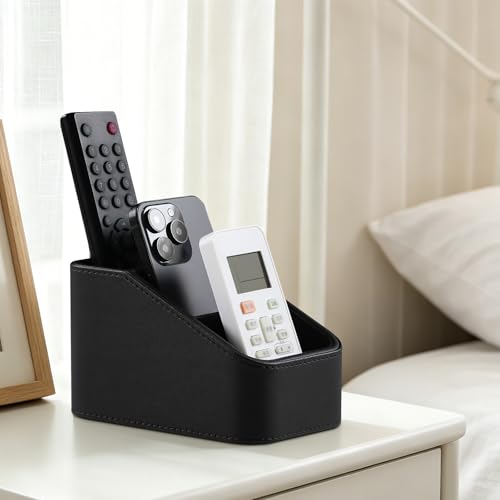 PU Leather Remote Control Holder, Small Desk Organizer Office Supply Bedside Caddy for Nightstand End Table Couch, Pen Remote Organizer with 3 Compartments (Black) - color: Black