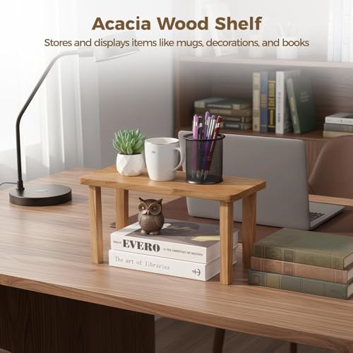 15 Inches Acacia Wooden Desktop Organizer Shelf, Cabinet Riser & Counter Display Stand for Top of Desk Home Office Kitchen Coffee Table Display Stand