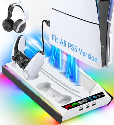 Rysker PS-5/Slim/Pro Stand for Disc & Digital Version, PS-5 Cooling Station with RGB Ambient Lighting, Controller Charger Built-in 3 Level Fan, PS-5 Cooling Stand for PlayStation 5 Case - color: White & Black