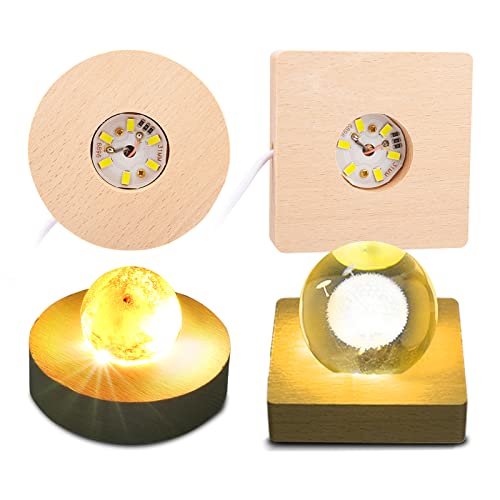 4pcs Wooden Light Base, Round & Square Crystal Sphere Pedestal Stand with USB Cable Switch, Light Display Base for Illuminate 3D Crystal Ball Aroma Stone Resin Art Ornament