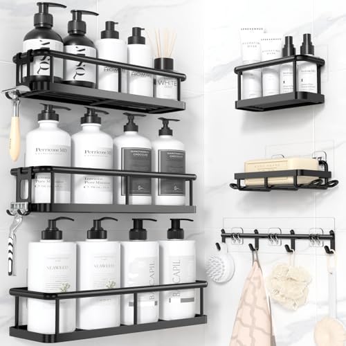 YASONIC Shower Caddy Adhesive, Rustproof Shower Organizer with Soap Holder, Large Capacity Shower Shelves for Inside Shower, No Drilling Bathroom Organizers and Storage for Home Decor 6 Pack Black - color: Black, size: XXL