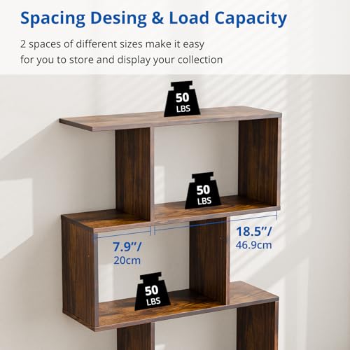 Cozy Castle Set of 2 Geometric Bookcase, S-Shaped Modern Bookshelf, Room Divider Bookshelf, 62" Tall Unique Abstract Bookcase with 5-Tier Display Shelf for Living Room Office, Rustic Brown - color: Rustic Brown
