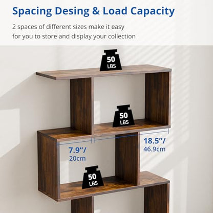 Cozy Castle Set of 2 Geometric Bookcase, S-Shaped Modern Bookshelf, Room Divider Bookshelf, 62" Tall Unique Abstract Bookcase with 5-Tier Display Shelf for Living Room Office, Rustic Brown - color: Rustic Brown