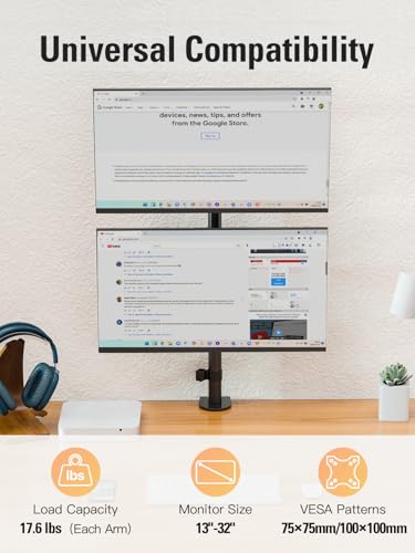 Stable Vertical Dual Monitor Stand, Stacked Monitor Mount for 2 Screens Up to 32 inch, Full Motion Monitor Desk Mount with Swivel, Tilt, Rotation, Holds 17.6 lbs Each, Max VESA 100x100mm - size: Dual Monitor Mount