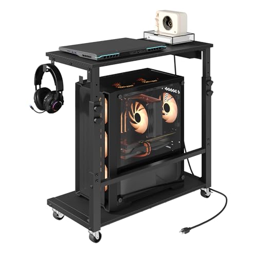 MAHANCRIS Computer Tower Stand with Power Outlet, Mobile PC Stand for Floor, Height Adjustable PC Holder Cart Under Desk, 26.6"-32.7" H, for Home Office, Gaming Room, Black PCHS216E01 - size: 23.6"L x 11.0"W x 26.6"H