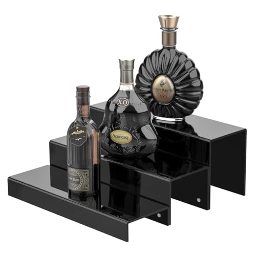 JUESHA 3 Tiers Bar Shelves for Liquor Bottles, 15" Black Acrylic Risers Display Racks Stands for Figures Pops Cupcake Perfume Collections (Patent: D1076520S) - color: Black