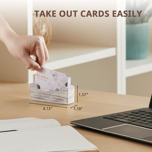 Bivvclaz Business Card Holder Desk, White Washed Wood Business Card Organizer Desktop Business Card Display Stand for Office Tabletop Exhibition, Small Business Essentials - color: White Washed