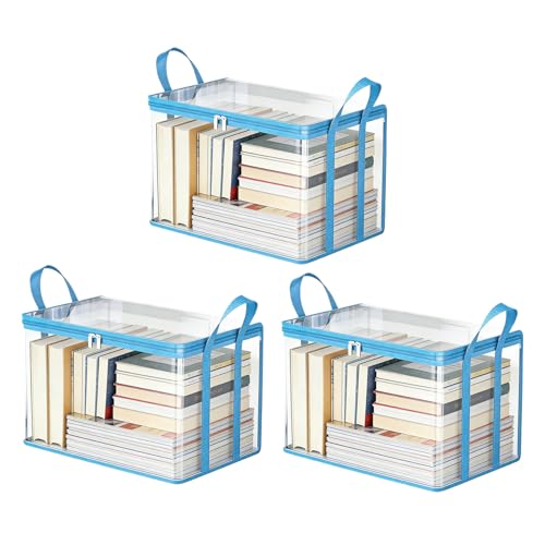 3 PCS Clear Book Storage Containers with Lids - Durable Comic Book Protector & Media Organizer - Collapsible Vinyl Storage Bag with Zipper for Books, Blu-Rays and Office Supplies - 15" x 9.5" x 12.5" - color: Blue, size: 3-Pack