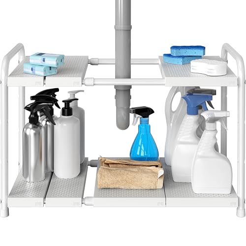 Simple Houseware Under Sink 2 Tier Expandable Heavy Duty Metal Shelf Organizer Rack, White (Expand from 15 to 25 inches) - color: White