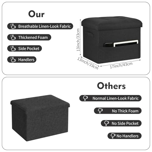 Storage Ottoman Foot Rest with Thicker Foam Padded Seat. Small Bench with Storage. 350 lbs Linen Folding Footstool Bench for Living Room, Bedroom, Home Office. 17x13x13in, Gray Black - color: Gray Black, size: 17"D x 13"W x 13"H