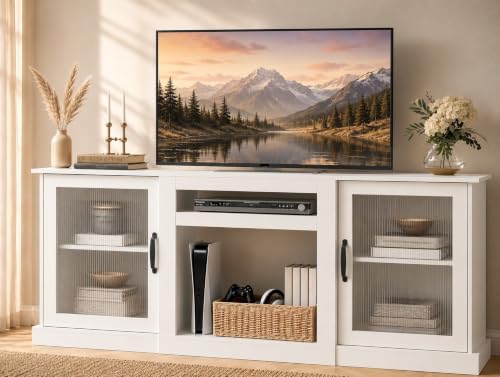 WLIVE 70-Inch Farmhouse TV Stand for 75/80 Inches TV, Tall Entertainment Center with Storage Cabinets, Adjustable Shelves, Cable Management, TV Console Table for Living Room with Acrylic Doors, White - color: White, size: 70'' Farmhouse TV Stand