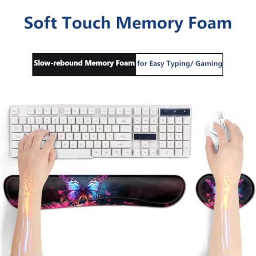 Large Mouse Pad + Keyboard Wrist Rest Set, Extended Gaming Mousepad (31.5X11.8 inch) with Non-Slip Rubber, Ergonomics Memory Foam Mouse Wrist Rest Support, Colorful Butterflies Pattern XXL Desk Pad - color: Yu-Mouse Pad-3-B48
