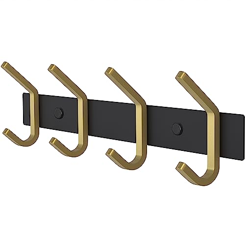 Coat Rack Wall Mount – Black and Gold Hook Rail with 4 Double Coat Hooks, 12 Inch Stainless Steel Wall Hooks for Entryway, Bathroom, Bedroom, Closet, Towel, Hat, Bag, Heavy Duty Organizer - color: Black + Gold, size: 4 Hooks - 1 Pack