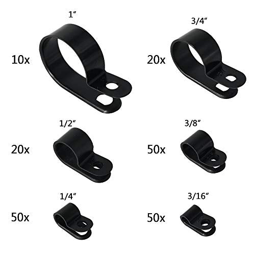 Cable Clamp 200 Pcs Black Nylon Screws Plastic R-Type Cable Clamp Clips Fasteners Assortment for Cable Conduit 6 Sizes 3/16" to 1" - size: 6 Sizes_200 Pcs