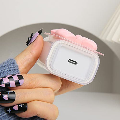 Compatible with iPhone 18W/20W USB-C Charger Cover Cute 3D Bow Tie Design Clear Soft Charger Protector Kawaii Cable Saver for iPhone 11 12 13 14 Pro Max Fast Power Adapter, Pink 2 (5in1) - color: Pink 2 (5 in 1)