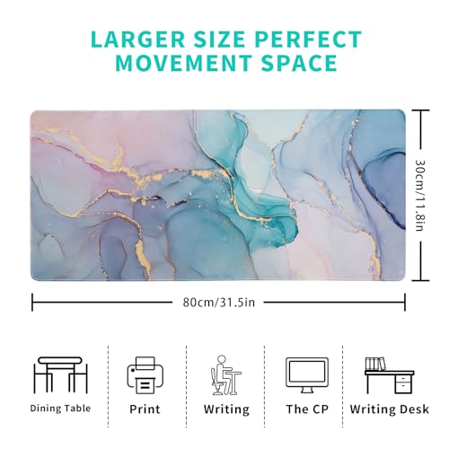 Teal Marble Extended Mouse Pad 31.5x11.8 Inch Turquoise Desk Marble Mousepad Extended Large Non-Slip Rubber Base Waterproof Big Keyboard Mat with Stitched Edges for Gaming and Office - color: Marble