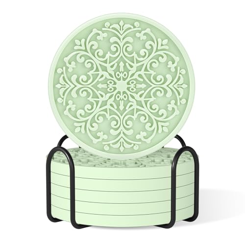 Drink Coasters, Coasters Set of 6 for Cup with Holder, Non-Slip Silicone Cup Mats for Hot and Cold Drinks, Cute Absorbent Coffee Bar Accessories Table Decor, Tender Green - color: Tender Green