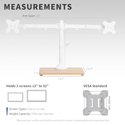 VIVO Freestanding Dual Monitor Stand with Solid Wood Base and Adjustable Arms, Mounts 2 Screens up to 32 inch and 22 lbs Each, White, STAND-V002FD-W - color: White/Wood, size: 13" to 32" Screens