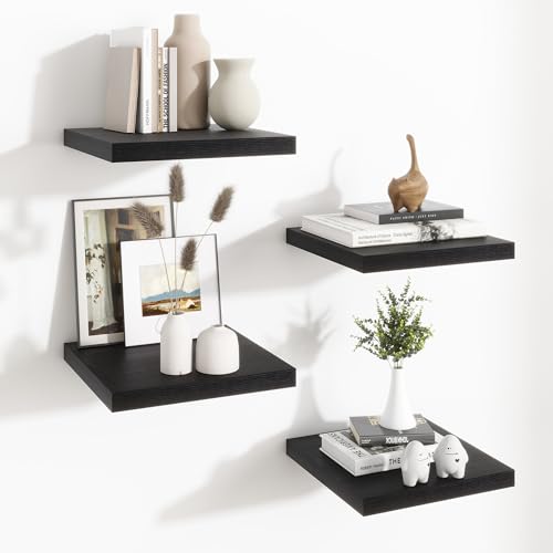 Fun Memories Floating Shelves for Wall - 12 Inch Square Shelves with Invisible Brackets, Black Small Wall Shelf for Living Room, Bathroom, Bedroom, and Kitchen Decor Set of 4 - color: Black, size: 12"W x12"D - 4P