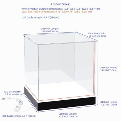 Light Up Acrylic Display Case with RGBW LED Lights, USB Powered with Switch Panel & App Control, Clear Collectible Display Box for Figures, Dolls, Collectables & Toys, 10x10x14 Inch - size: 10''(L) x 10''(W) x 14''(H)