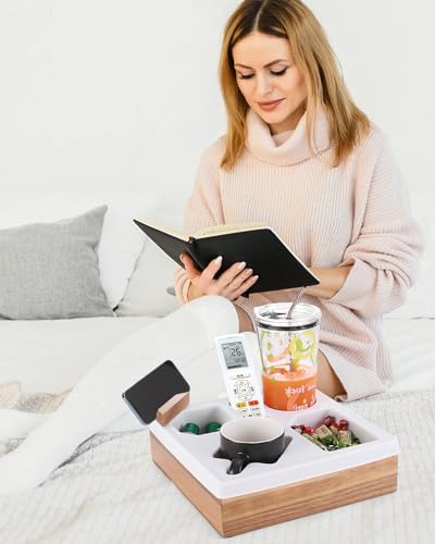 Couch Cup Holder Tray, Silicone Acacia Wooden Couch Caddy with Cup Holder for Snacks, Drinks, Remotes, Waterproof Cup Holder for Couch, Organizer, Couch Drink Holder, Pillow - color: A-white