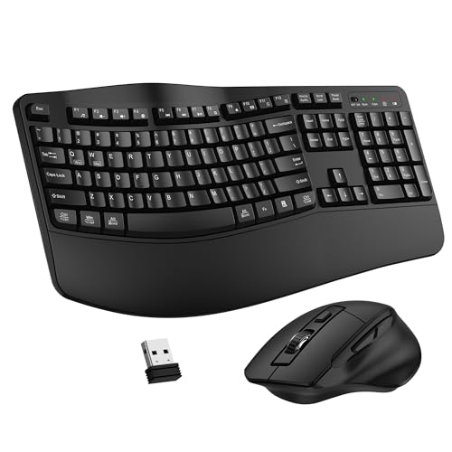Wireless Keyboard and Mouse Combo, 2.4G Full Size Wave Keys Ergonomic Keyboard with Wrist Rest and 3-Level DPI Adjustable Wireless Ergonomic Mouse for Windows, Mac OS Desktop/Laptop/PC(Black) - color: Black