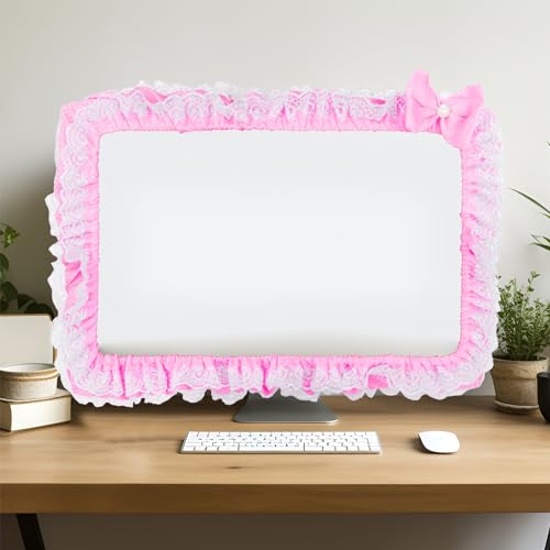 Cute Pink Lace 23"-27" Computer Monitor Screen Dust Cover with Bowknot | Lovely Pink Bow | Lace Trim | Adjustable Elastic Band - color: Pink & White Dot