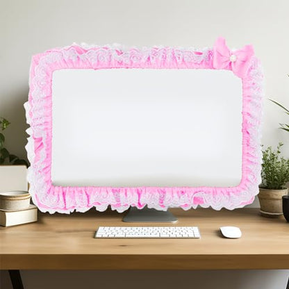 Cute Pink Lace 23"-27" Computer Monitor Screen Dust Cover with Bowknot | Lovely Pink Bow | Lace Trim | Adjustable Elastic Band - color: Pink & White Dot
