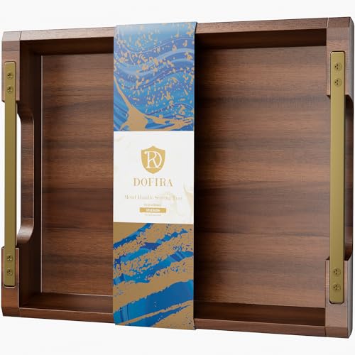 Acacia Wood Serving Tray with Metal Handles, 17x13in Large Ottoman Tray, Food Drinks Tray for Coffee Table, Breakfast, Dinner & Bar, Rustic Decorative Tray for Kitchen, Bedroom Gift Box - color: Golden Handle 01, size: 17" x 13" x 2"