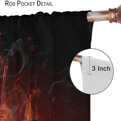 Music Curtain, Skeleton Flame Drums Hell of A Drummer Rock Music Theme Window Treatments Drapes for Boys Girls Teens Bedroom Living Room 42" W X 45" L(No Blackout) - color: Musical-3, size: 20.5"W x 45"L (Pack of 2)
