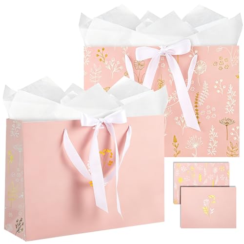 woric 13.7" Pink Gift Bags Set of 2, Large Birthday Gift Bags for Women | 2 Pink Bags with Ribbon Handle, 4 Tissue Paper & Greeting Cards, Women Girls Birthday, Anniversary, Wedding Bridal Showers - color: Pink