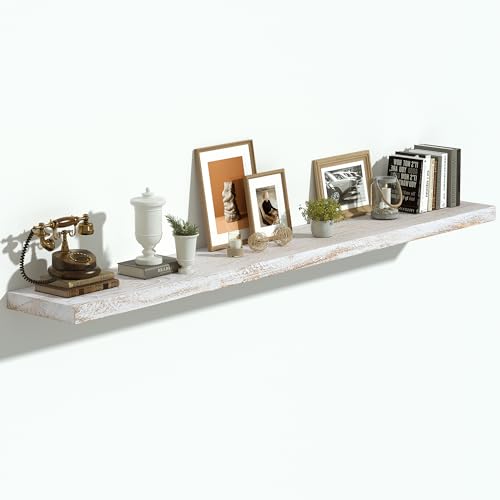 Flat Edge Elm Wood Floating Shelf with Invisible Bracket 55”Weathered White - color: Weathered White, size: 55”,set of 1