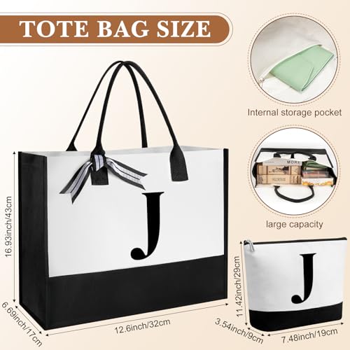 Aliceset Initial Gifts for Women Monogram Canvas Tote Bag and Makeup with Zipper and Initial Glass Coffee Cup Gifts for Her - style: Letter J