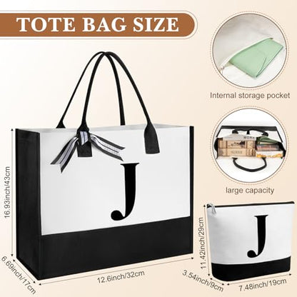Aliceset Initial Gifts for Women Monogram Canvas Tote Bag and Makeup with Zipper and Initial Glass Coffee Cup Gifts for Her - style: Letter J