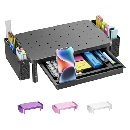 WALI Computer Monitor Stand with Storage, Desk Organizer with Drawer and Pen Holder, Desk Monitor Riser 3 Height Adjustable, Laptop Riser for Computer, Laptop, Printer(PTT003-B), 1 Pack, Black - color: Black, size: 14.6"L * 9.3"W,11" 1 Drawer, 2 Pen Holde