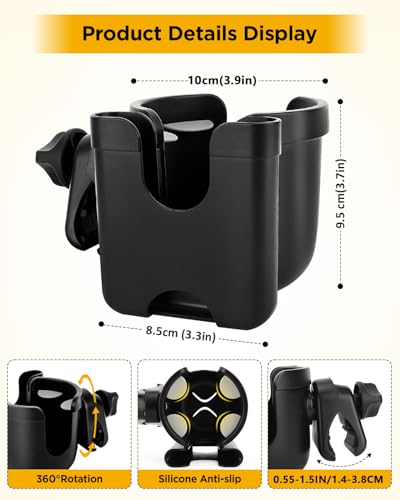Universal Stroller Cup Holder with Mobile Phone Case, 2-in-1 Strollers Storage Rack, 360 Degrees Rotation Drink Holder for Bike, Pushchair, Wheelchair, Walker,Bicycle, Fits Most Cups - color: BLACK