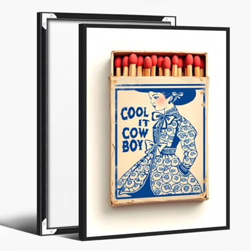 Retro Trendy Wall Art Indigo Blue White Cool It Cowboy Matchbook Poster Canvas Printing Chinoiserie Western Decor Coastal Cowgirl Millennial Dorm Apart Ment Decor 12x18inch black framed - color: style-1-black framed, size: 12"L x 18"W