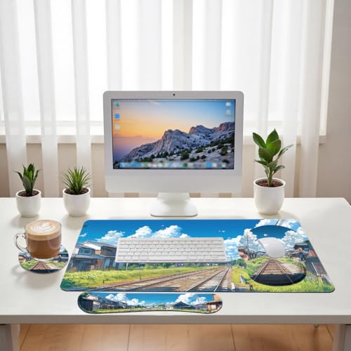 Anime Landscape Desk Mat Set Japanese Railway Summer Sky Town Mouse Pad with Wrist Rest 4in1 Desk Mat for Desktop Ergonomic Computer Desk Arm Wrist Anti-Slip Computer Mouse Pad Home Office Gaming - color: Anime Landscape