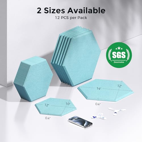 Self-Adhesive Acoustic Panels [390 lbs/yd³ Ultra-High Density], 2nd Generation Sound Absorbing Panel, Professional Level Sound Panel, Polyester Soundproof Foam [Medium Hexagon, Light Sky Blue] - color: Light Sky Blue, size: Medium Hexagon (12''x10''x0.4''