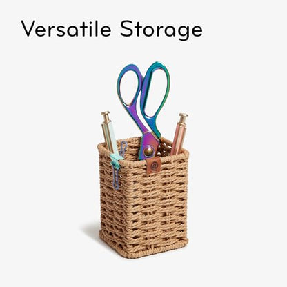 U Brands Woven Pencil Cup, Rattan-Inspired Wicker Style Office Organization Supplies, Natural Wood, 1 Count