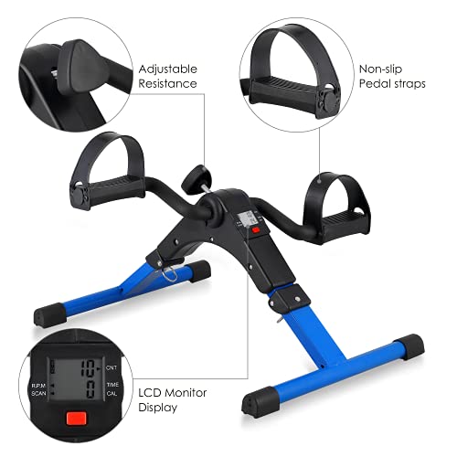 Folding Pedal Exerciser, Mini Under Desk Bike - Portable Foot Hand Cycle Peddler Machine Bicycle Exerciser for Arm Leg While Sitting - color: Blue