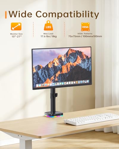 RGB Single Monitor Stand with USB Hub, Desk Mount for 13-27 Inch Screens, 1 USB-C & 2 USB Ports for Charging & Data Transfer, Adjustable VESA Monitor Mount, Height Tilt Swivel Rotation, Up to 17.6lbs - size: RGB Single Monitor Stand